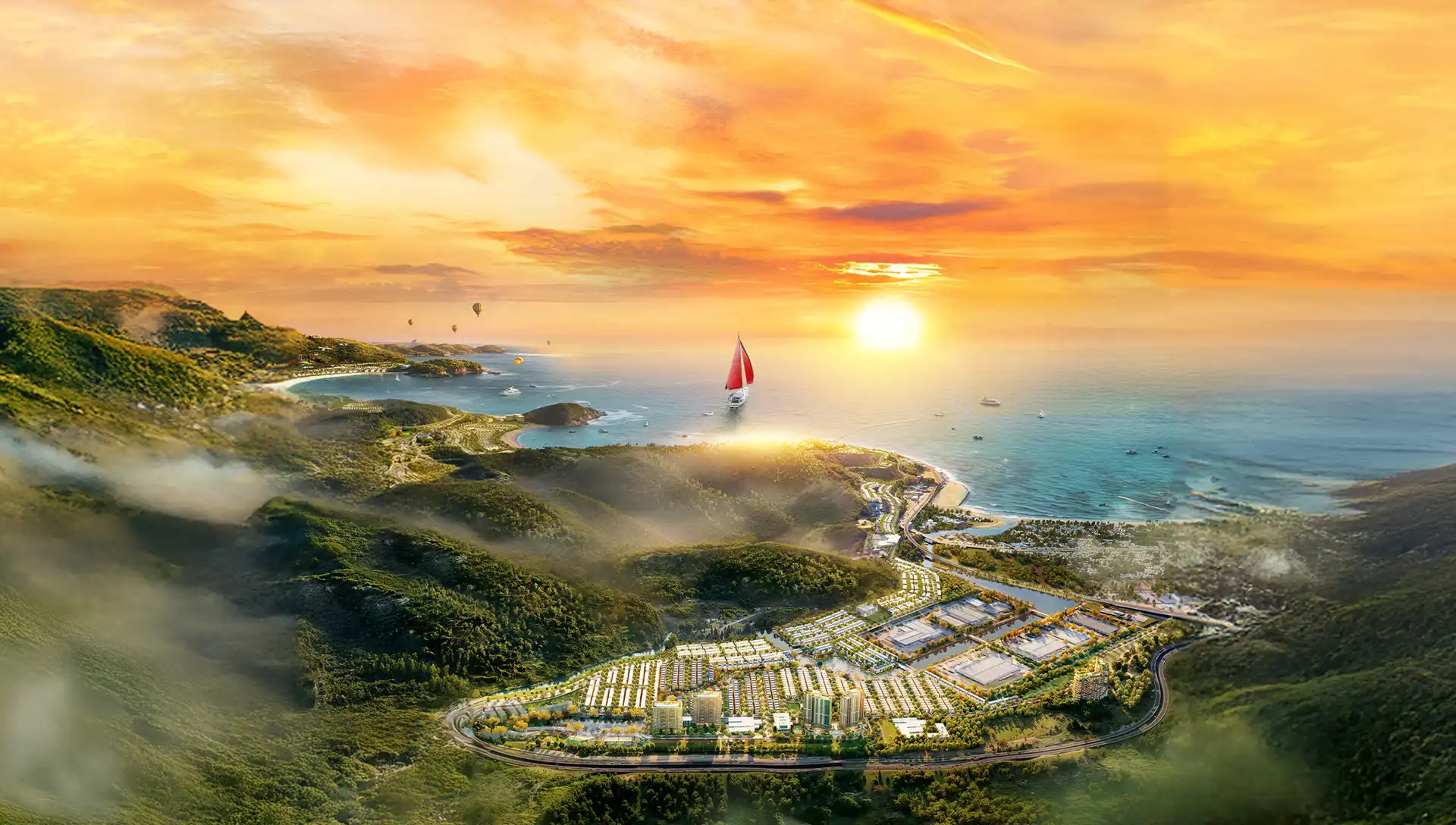 Phối cảnh tổng thể dự án Vinhomes Hải Vân Bay tại khu vực Làng Vân, Đà Nẵng – đại đô thị nghỉ dưỡng ven biển quy mô 512ha nằm dưới chân đèo Hải Vân