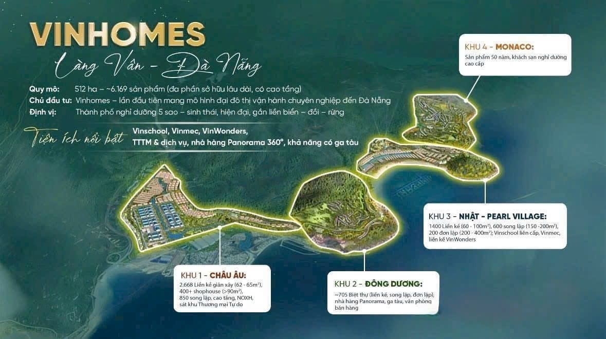 Vinhomes Hải Vân Bay có quy mô 512ha, bao gồm 4 phân khu: Châu Âu, Đông Dương, Nhật Bản và Monaco. Dự án sở hữu hệ thống tiện ích cao cấp như Vinschool, Vinmec, VinWonders, trung tâm thương mại, nhà hàng Panorama 360° và bến du thuyền.