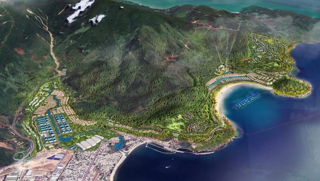 Phối cảnh tổng thể Vinhomes Hải Vân Bay – thành phố nghỉ dưỡng 5 sao bên vịnh biển Đà Nẵng, quy mô 512ha với hệ sinh thái đẳng cấp từ an cư, giải trí đến nghỉ dưỡng.