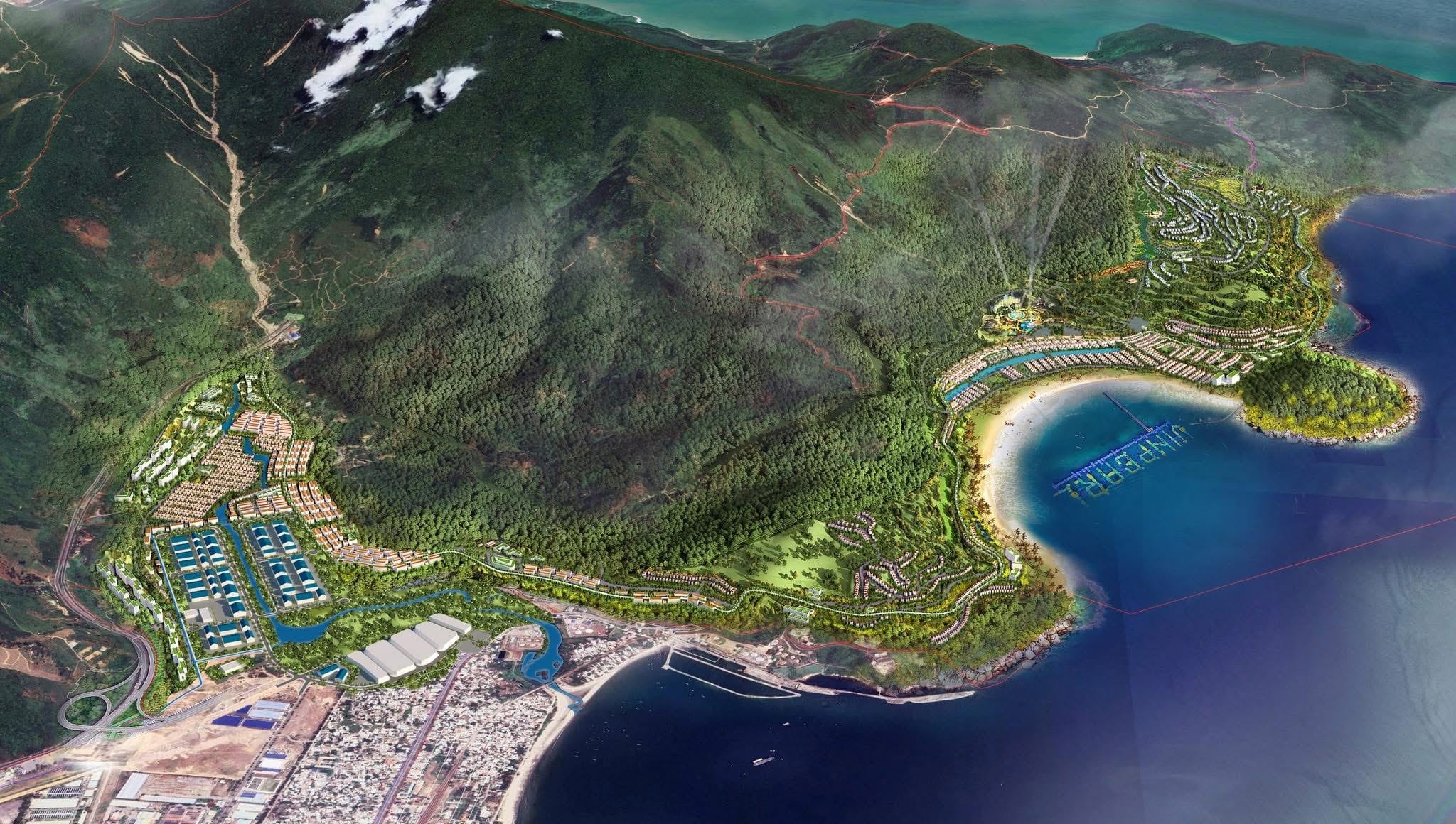 Phối cảnh tổng thể Vinhomes Hải Vân Bay – thành phố nghỉ dưỡng 5 sao bên vịnh biển Đà Nẵng, quy mô 512ha với hệ sinh thái đẳng cấp từ an cư, giải trí đến nghỉ dưỡng.