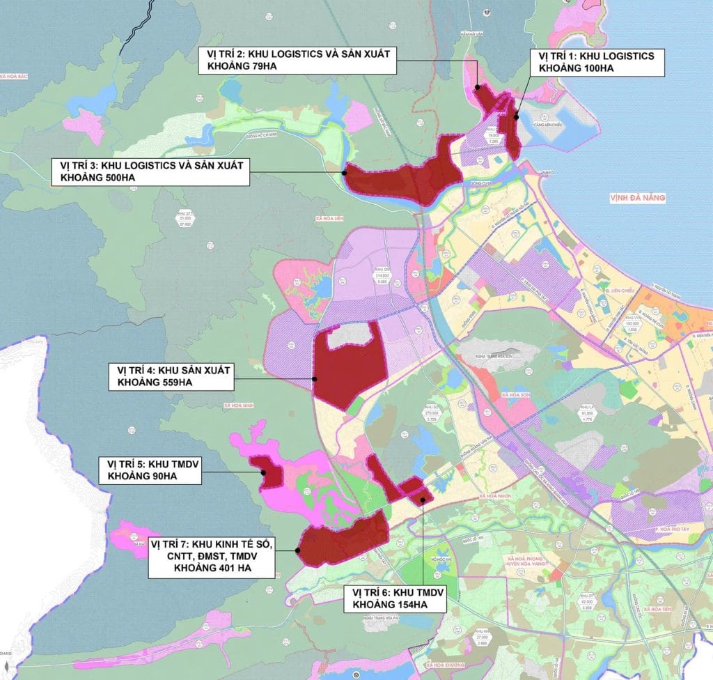 Bản đồ dự kiến các vị trí thành lập Khu thương mại tự do Đà Nẵng.