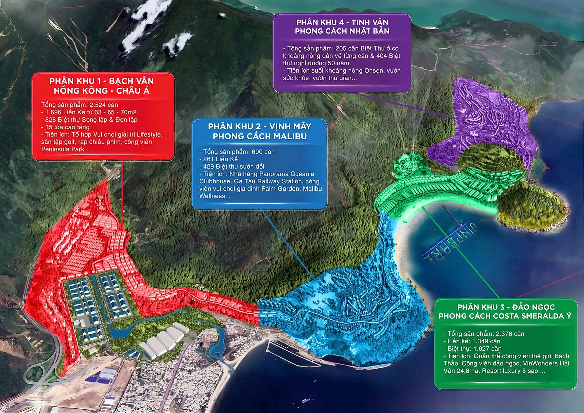 Vinhomes Hải Vân Bay có quy mô 512ha, bao gồm 4 phân khu: Bạch Vân, Vịnh Mây, Đảo Ngọc, Tinh Vân