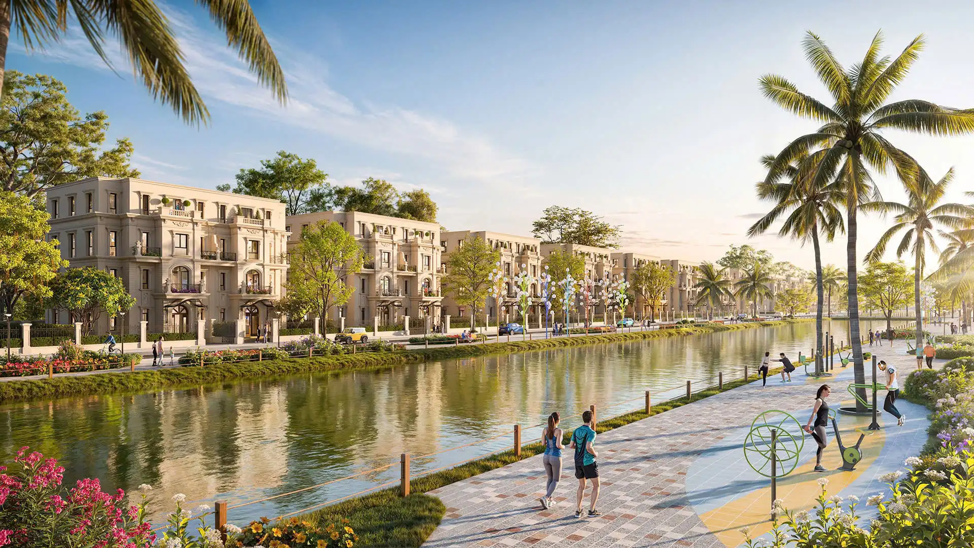 Đường dạo bộ ven hồ khu đô thị, bóng cây xanh và mặt nước.