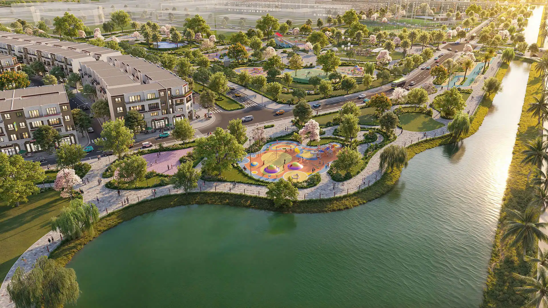 Công viên ven hồ và khu vui chơi trẻ em tại khu đô thị Pearl Rivera Hà Nội.
