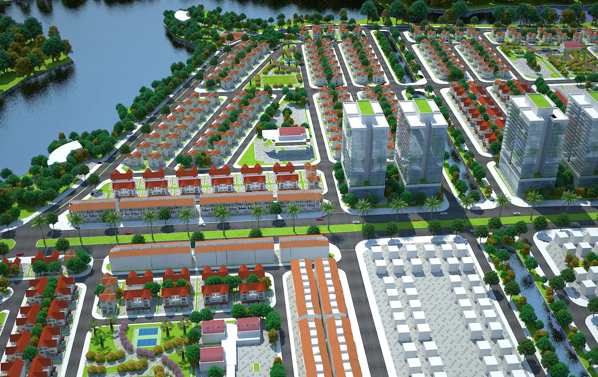 Phối cảnh tổng thể quy hoạch khu đô thị Pearl Rivera Hà Nội với nhà liền kề, shophouse và khu căn hộ.