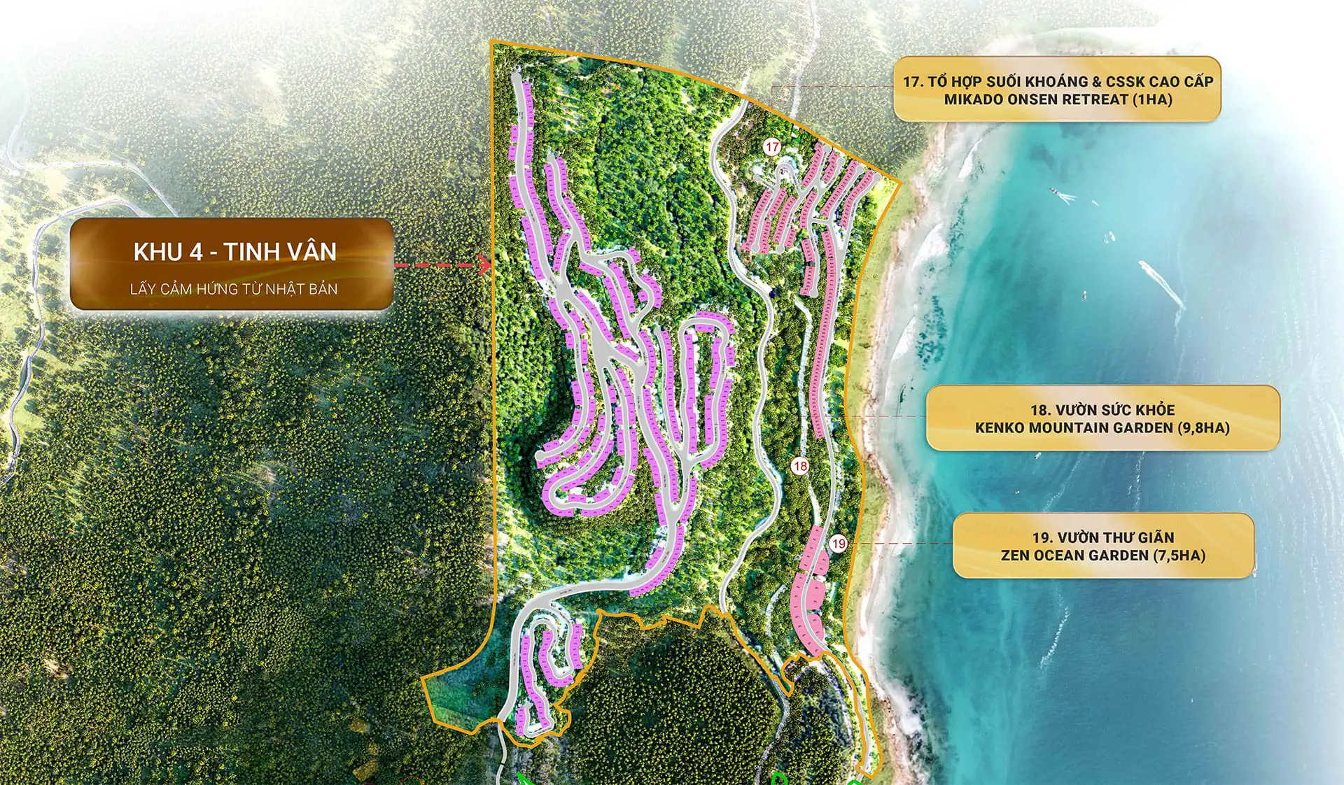 Mặt bằng phân khu Tinh Vân Vinhomes Hải Vân Bay lấy cảm hứng Nhật Bản, nổi bật với Mikado Onsen Retreat, Kenko Mountain Garden và Zen Ocean Garden ven biển. Mặt bằng phân khu Tinh Vân Vinhomes Hải Vân Bay lấy cảm hứng Nhật Bản, nổi bật với Mikado Onsen Retreat, Kenko Mountain Garden và Zen Ocean Garden ven biển.