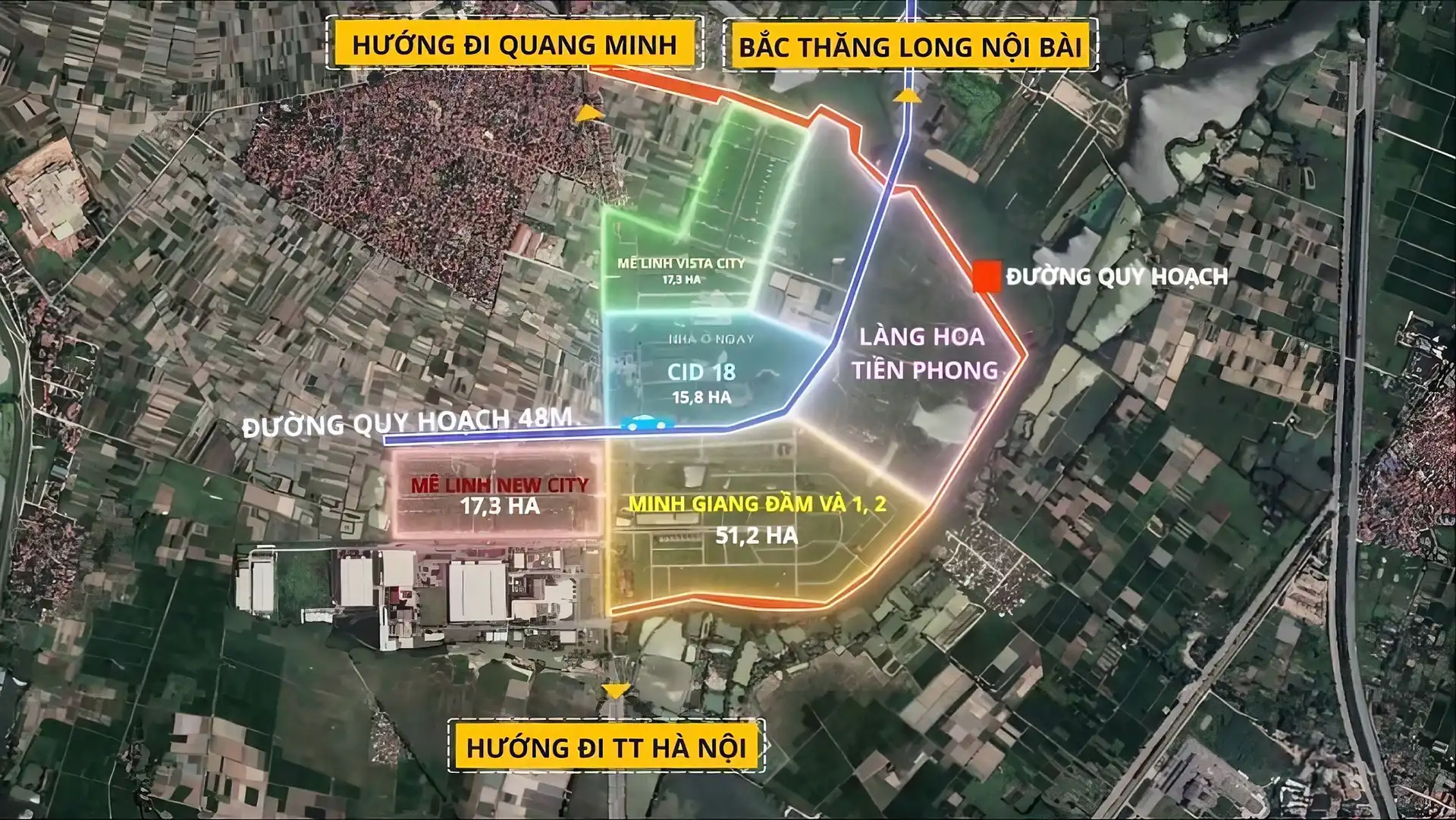 Vị trí dự án Pearl Rivera Hà Nội tại xã Tiền Phong, huyện Mê Linh, kết nối trục Bắc Thăng Long – Nội Bài và trung tâm Hà Nội.