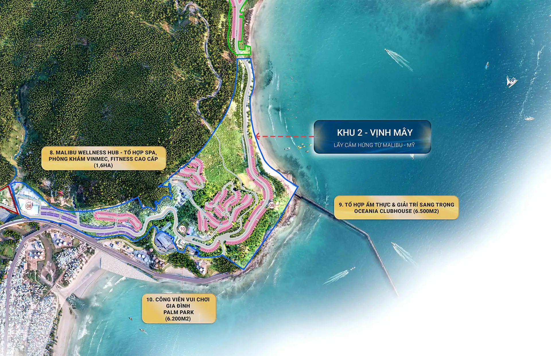 Mặt bằng phân khu Vịnh Mây Vinhomes Hải Vân Bay với tổ hợp tiện ích nổi bật như Malibu Wellness Hub, Oceania Clubhouse và công viên Palm Park ven biển. Mặt bằng phân khu Vịnh Mây Vinhomes Hải Vân Bay với tổ hợp tiện ích nổi bật như Malibu Wellness Hub, Oceania Clubhouse và công viên Palm Park ven biển.