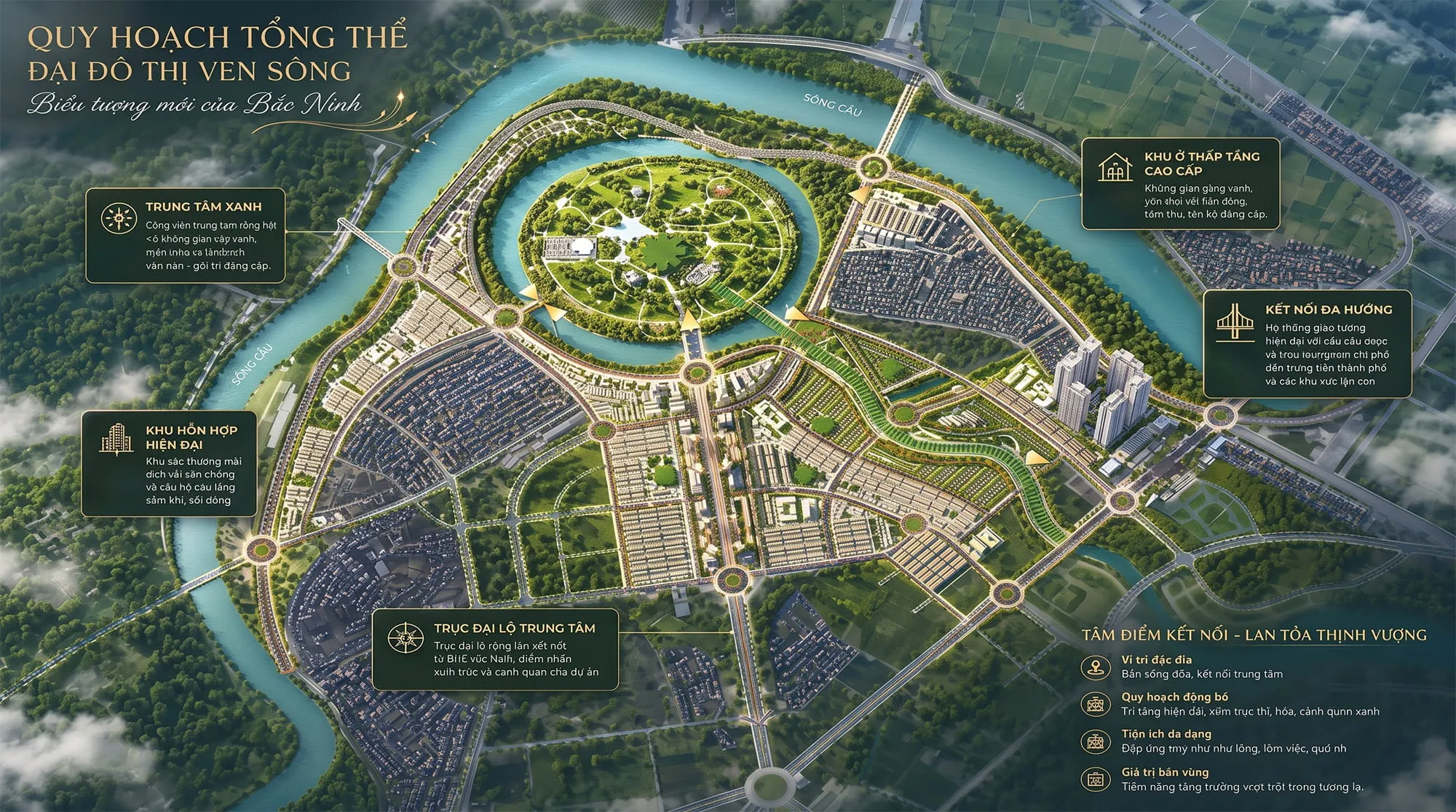 Vinhomes King Park được bao quanh bởi sông Cầu, tận dụng lợi thế mặt nước để hình thành không gian cảnh quan và công viên ven sông