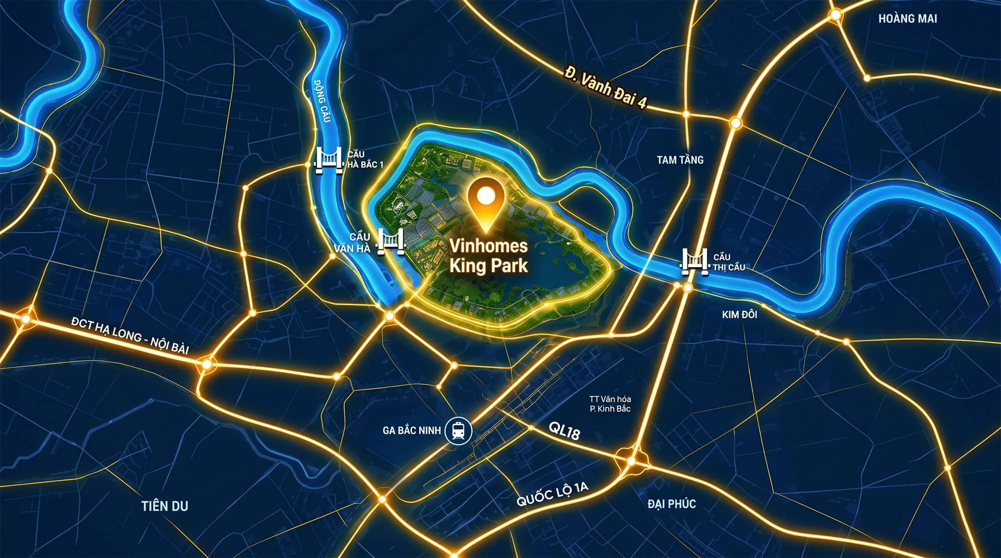 Vị trí dự án Vinhomes King Park nằm trên bán đảo Hòa Long Vị trí dự án Vinhomes King Park nằm trên bán đảo Hòa Long